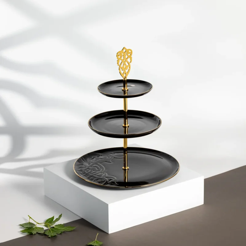 Bandeja De Servir Em Camadas De Aço Inox - Preto e Dourado