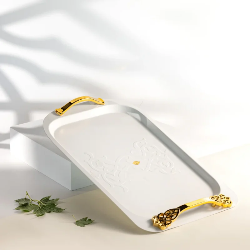 Bandeja Decorativa em Aço Inox - Branco e Dourado