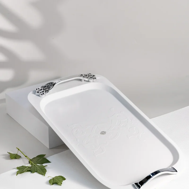 Bandeja Decorativa em Aço Inox - Branco e Prata